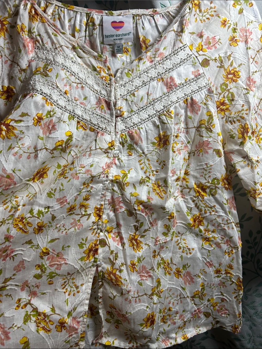 Hester & Rachel Cream Floral Lace-Trim Button Front Blouse - Picture 6 of 7
